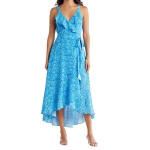 NWT Hutch Eden Wrap Midi Dress M Blue Shibori Floral High-Low Ruffle Romantic